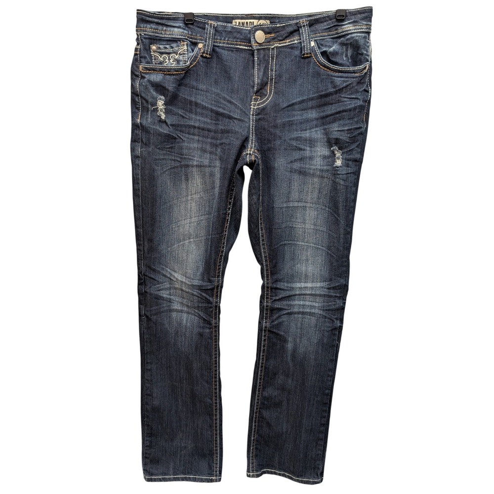 Zanadi Straight Leg Jeans Womens 16 Blue Dark Wash Distressed Embroidered